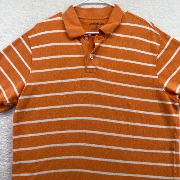 Eddie Bauer Mens Polo Shirt Size Large Orange Stripe Waffle Weave Short Sleeve - Picture 2 of 8